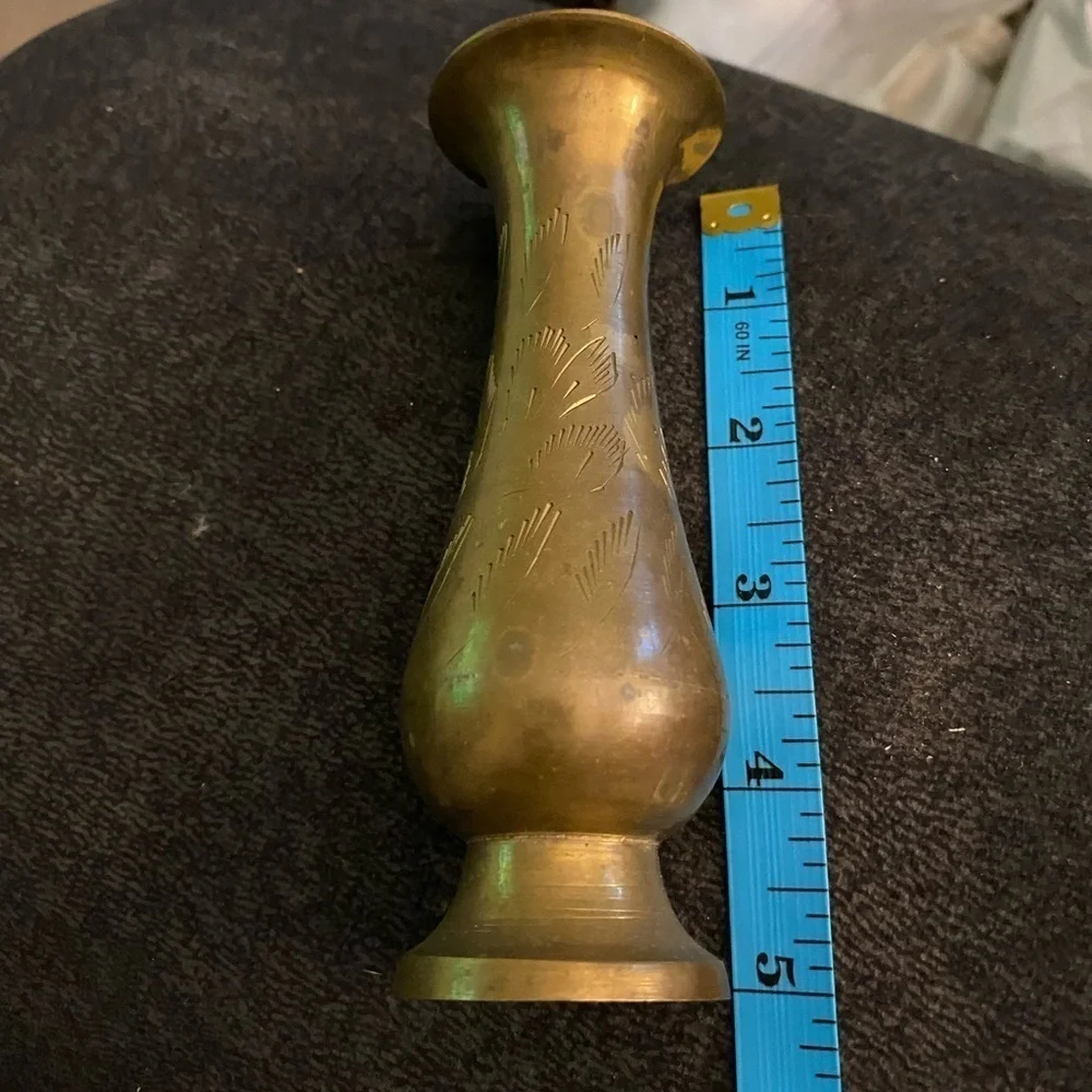 Vintage Brass Etched Vase flowers floral bud etched design  #4-43